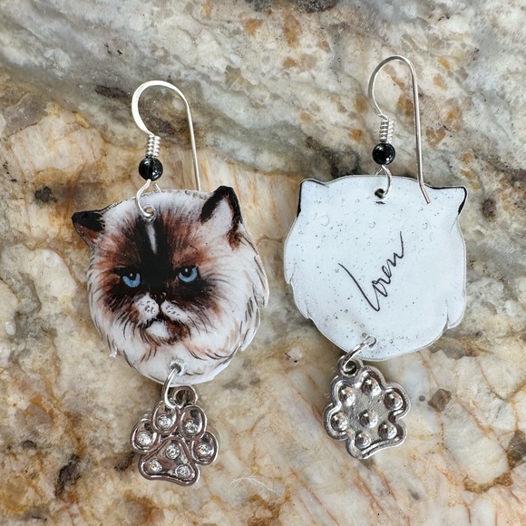 Persian cat handpainted Siamese long hair earrings original paw charm Sterling - Picture 4 of 4